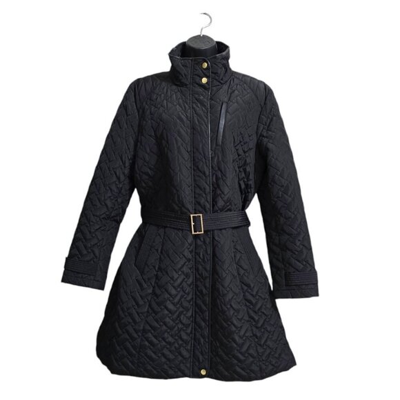 Cole Haan Signature Black Quilted Belted Long Coat Sz XL - Picture 1 of 11